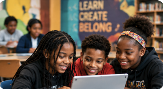 Three children reading together on a tablet in a community program