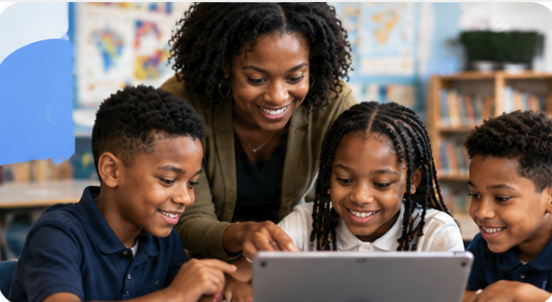 A teacher reading with three students on a tablet
